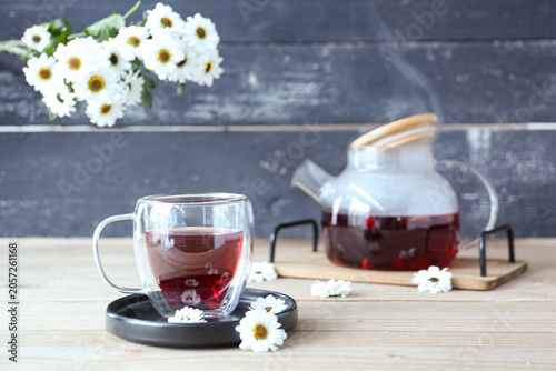 Steaming herbal tea in glas...
