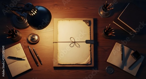 Top-down view of a vintage writer's desk with old bound paper, ink, and pens under warm lamp light.