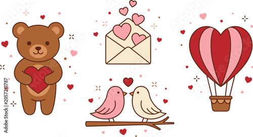 Foto Valentine Day romantic element collection featuring cute teddy bear love letter envelope lovebirds and heart hot air balloon vector illustration