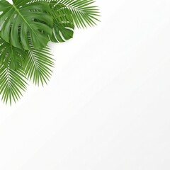 Lush tropical Monstera and palm leaves, flat lay corner frame on crisp white background. Fresh, minimalist design for summer, wellness, beauty, spa, travel, eco, and branding.