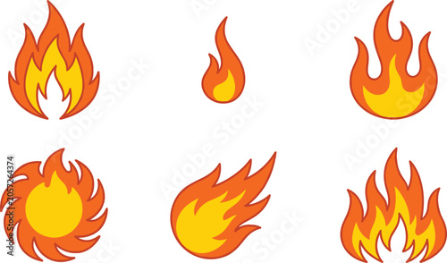 Foto Cartoon fire flame icon collection featuring hot orange bonfire sparks blazing campfire details and dynamic heat energy symbols vector illustration