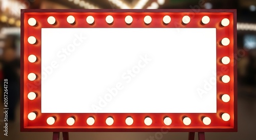 Rectangular marquee sign with a red frame and glowing round light bulbs, featuring a blank white center for custom text or