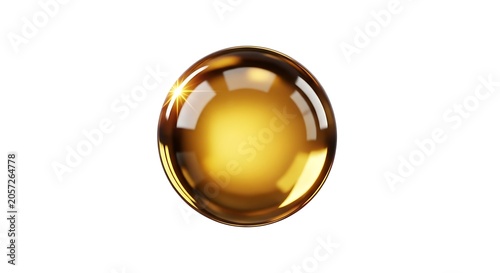 Single glossy golden sphere with a bright light reflection isolated on a white background, representing a metallic or liquid gold orb