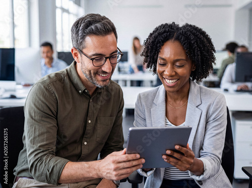 Foto Diverse professionals collaborating happily using a digital tablet in a modern, brightly lit office environment