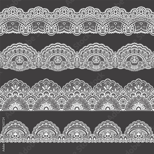 Lace ornament borders vector set. Elegant decorative endless patterns with floral embroidery and ribbon details for wedding cards, invitations. Vintage textile designs.