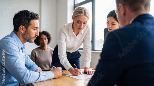 Foto Focused blonde businesswoman signing official documents while sitting at a meeting table with colleagues