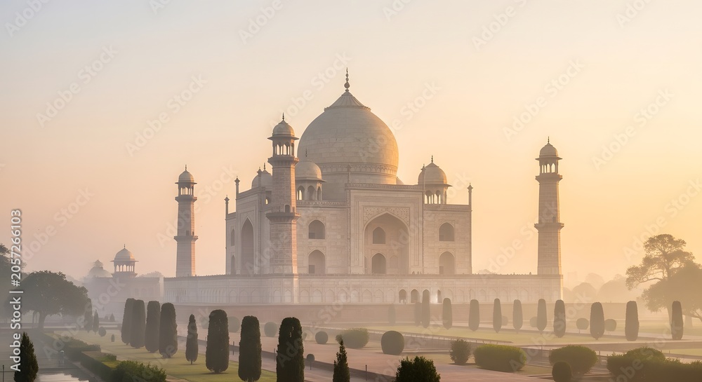 Obraz premium Majestic Taj Mahal appearing through heavy morning fog during a beautiful golden sunrise in India.