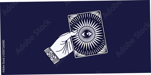 Obraz na płótnie Hand Holding Tarot Card With Eye Symbol Line Art Illustration