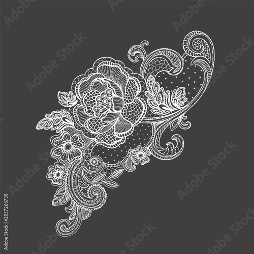 Vector Vintage lace element with ornate floral details. Decorative hand-drawn romantic composition. Design for wedding invitations, valentine cards, love branding, stationery