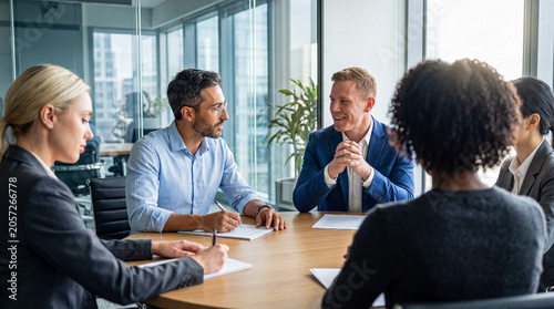 Fotografia Smiling diverse business professionals engaging in a productive corporate meeting, discussing reports and strategies