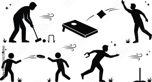 Outdoor lawn games vector silhouette icon set featuring cornhole bean bag toss croquet horseshoes and flying disc activity elements