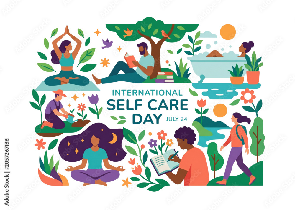 Fototapeta premium Diverse people practicing mindfulness wellness and healthy self care routines for International Self Care Day silhouette vector icon