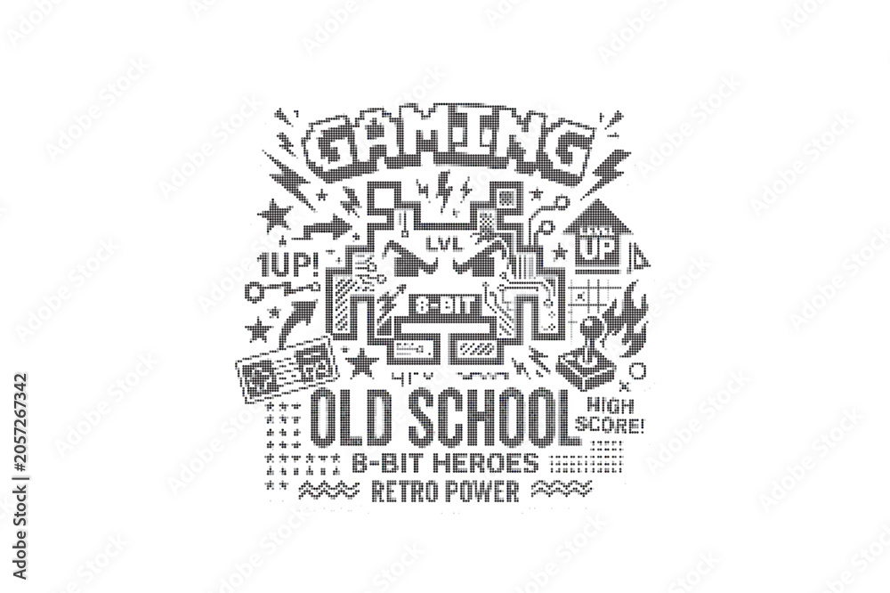 Obraz premium Old school gaming sticker with 8-bit graphics and retro elements
