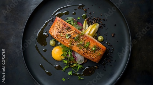 Gourmet grilled salmon fillet served on a dark plate with elegant garnishes.
