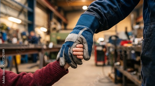 Close-up of a Child’s Hand Holding a Worker’s Hand Wearing a Blue Protective Glove Inside a Factory, Concept of Family Business, Safety Awareness, Generational Labor, and Care on a Workshop Background
