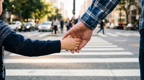 Close-up of a Kid’s Hand Holding a Father’s Hand with a Wedding Ring at a City Crosswalk, Concept of Pedestrian Safety, Child Protection, Urban Life, Parenting, and Family Bond on a Street Background