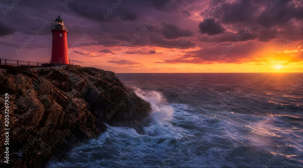 Obraz premium Red lighthouse on a rocky cliff during a dramatic sunset over the ocean waves.