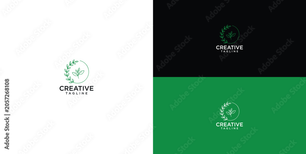 Fototapeta premium Minimalist Organic Nature Logo Design for Creative Studio Featuring a Green Laurel Wreath and Leaf Icon