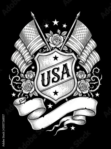 Monochrome patriotic shield emblem with crossed american flags roses and stars on black background for independence day design.