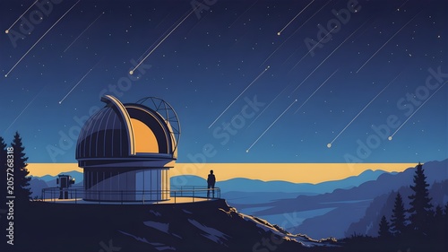 Vector illustration of an observatory dome under a starry night sky with meteor shower.
