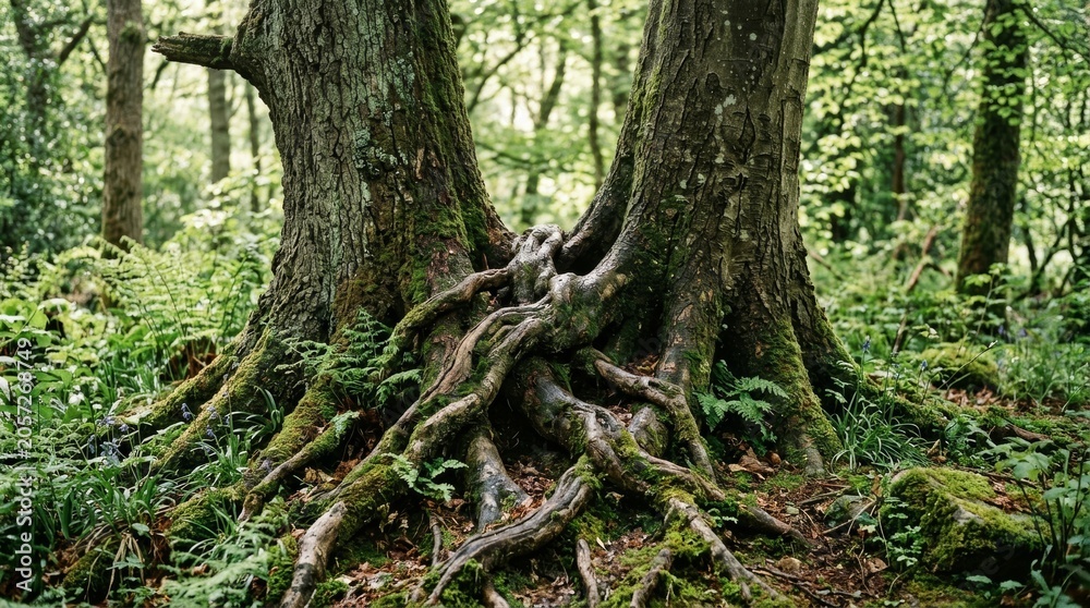 Fototapeta premium Ancient Trees with Intertwined Roots in Lush Green Forest