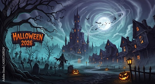 Spooky halloween castle scene with graveyard and bats 2026