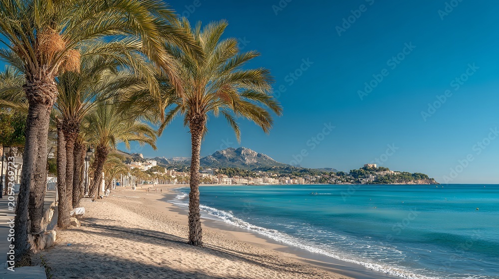 Fototapeta premium A serene beach scene with palm trees lining the shore and a mountainous landscape in the distance under a clear blue sky.