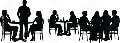 Black silhouettes of people sitting and standing around tables in café restaurant setting with social interaction, dining activity, and communal gathering illustration