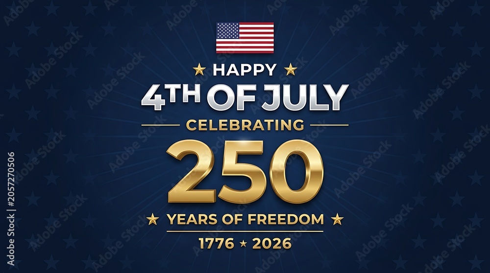 Fototapeta premium Happy Fourth of July celebrating two hundred fifty years of freedom fireworks background with american flag and text happy 4th of july 1776 2026.