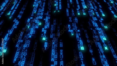 High-Resolution Display of Code Cascading Downwards. Neon Blue Coding Background. Seamless Loop.