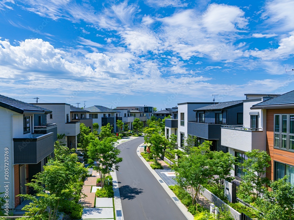 Naklejka premium 青空と白い雲が広がるモダンな新築戸建てが連なる緑豊かな住宅街の美しい街並み
