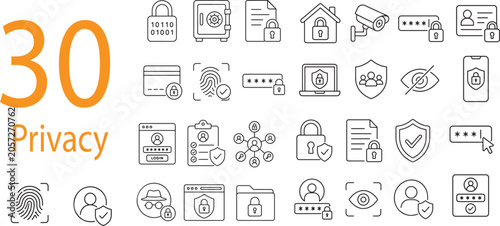 Schilderij op canvas Digital Privacy and Cybersecurity Line Icons Set Featuring Padlocks Fingerprint