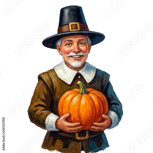 Watercolor illustration of a smiling elderly pilgrim man holding a large orange pumpkin isolated on white background Thanksgiving holiday greeting card design clip art historical colonial character po