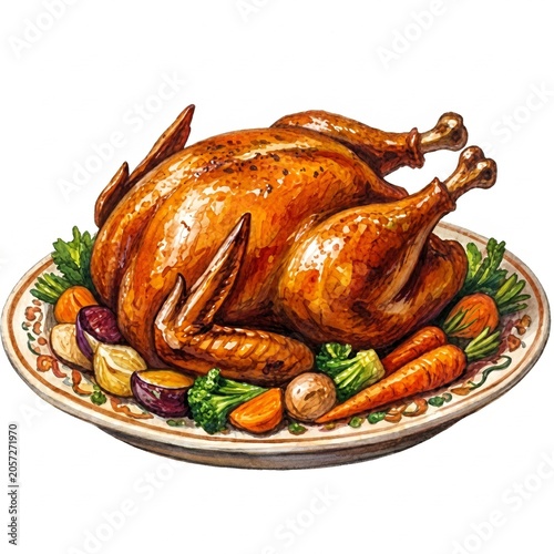 Watercolor illustration of a golden roasted turkey on a decorative platter garnished with vegetables carrots and broccoli isolated on white background Thanksgiving holiday dinner feast food clip art d