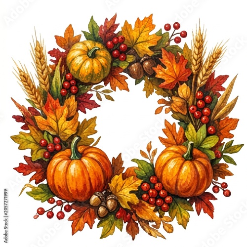 Watercolor autumn wreath illustration with orange pumpkins colorful maple leaves red berries acorns and wheat stalks isolated on white background Thanksgiving harvest festival greeting card clip art g