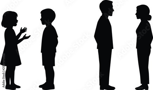 Silhouettes of children and adults facing each other illustrating conversation, interaction, and social dynamics for commercial design use