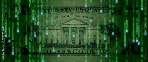 Digital Money Concept with Twenty Dollar Bill made up of Animated Numbers and Symbols. Futuristic Finance Background.