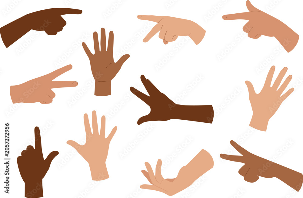Fototapeta premium Hand gestures clipart, pointing hands, diverse skin tones, human hands, vector set, finger signs, symbols, hand poses, illustration