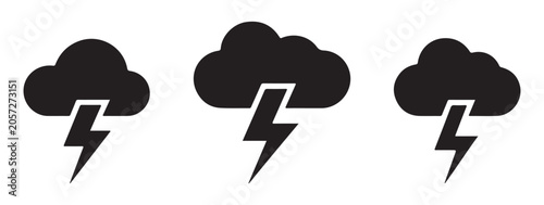 Thunderstorm cloud icons with lightning bolt symbols for bad weather forecast isolated vector set.