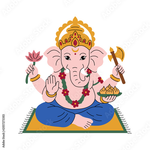 Lord Ganesha illustration sitting on a rug. Vector Hindu deity character with lotus and axe isolated on white background.