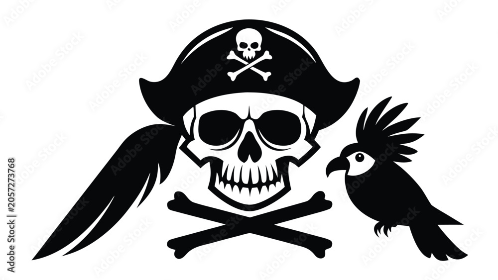Fototapeta premium Pirate skull with crossed bones and parrot on white background