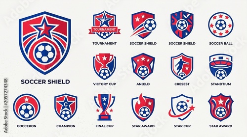 Set of soccer shield and tournament logo icons isolated on white background