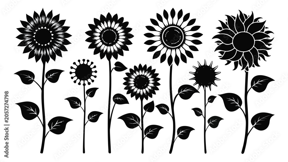 Fototapeta premium Diverse stylized sunflowers in silhouette against a clean white background symbolizing growth and nature's beauty