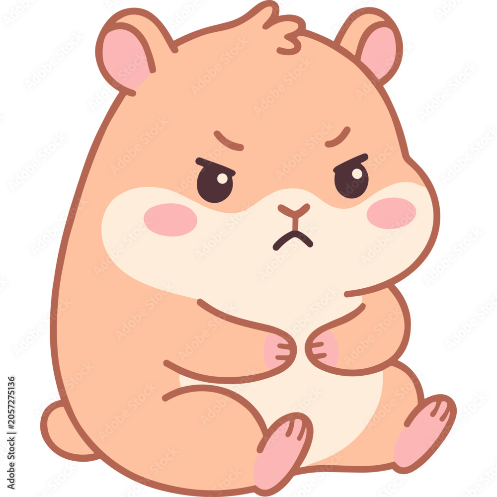 Fototapeta premium A displeased hamster sits cross-legged with paws folded on its lap showing Emotions through its facial expression.