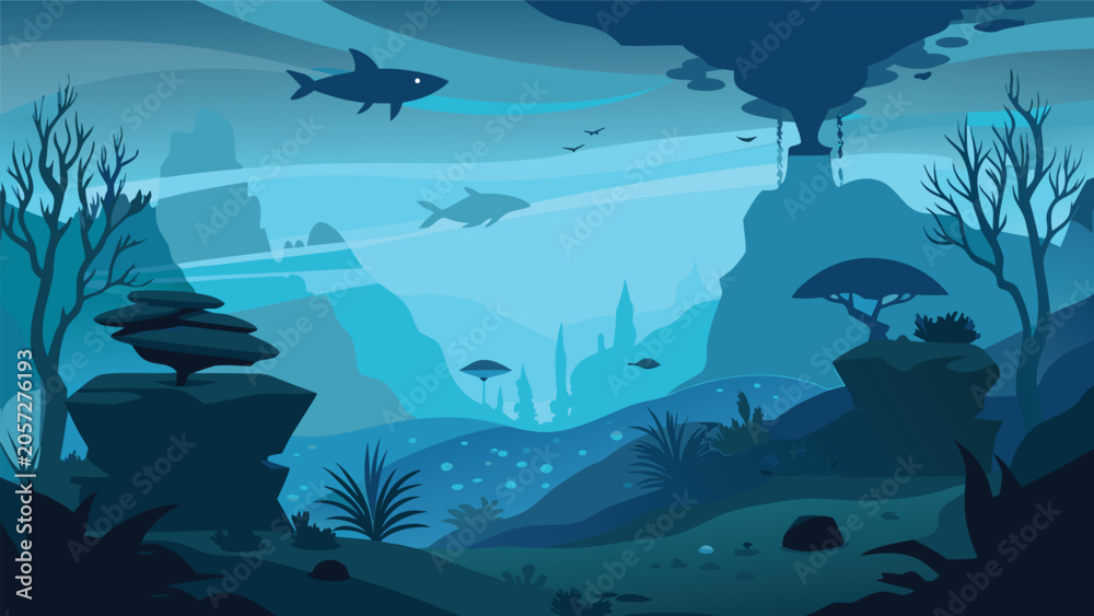 Obraz premium Sharks swimming in a deep blue underwater landscape with ancient ruins and silhouetted trees under atmospheric light