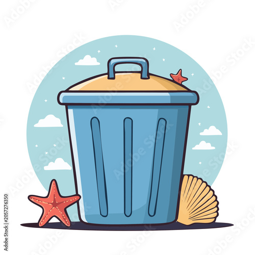 Flat design trash can with starfish