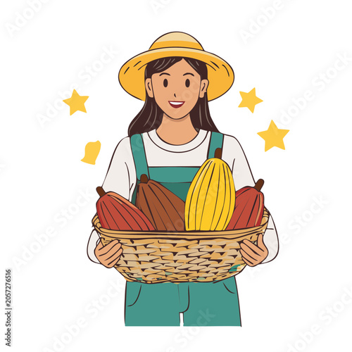 Woman holding basket with stars flat illustration