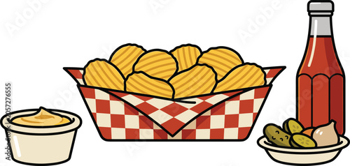 Fast Food Snacks Vector Illustration with Crinkle Cut Potato Chips in Checkered Basket Ketchup Bottle Mustard Dipping Sauce and Pickles Elements