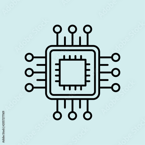 Clean isometric outline icon of an advanced computer processor chip with nodes. Minimalist line art symbol for hardware core, AI processing, and hardware.