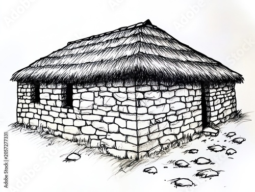 Hand-drawn, black and white illustration of a stone house with thatched roof